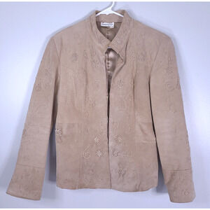 Coldwater Creek Tan Leather Jacket PET SM Western Laser Cut Floral Embroidered